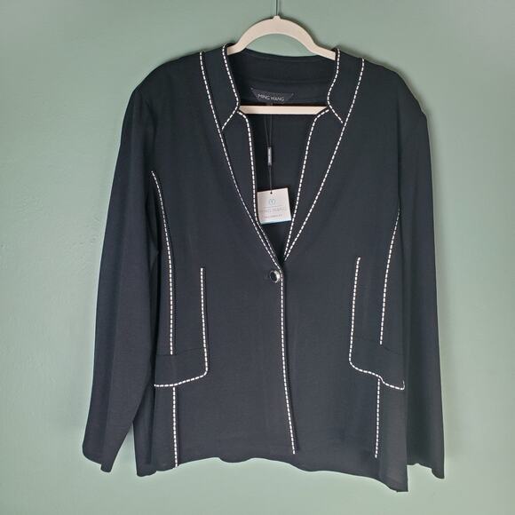 Ming Wang Womens Black Tailored Fit Contrast Trim Knit Blazer Jacket Size 2X - Picture 1 of 8